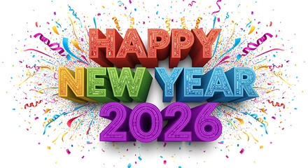 Happy new year 2026 celebration with confetti and streamers