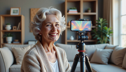 Smiling senior woman filming video blog at home on smartphone. Senior woman is making video for online content. Senior woman enjoys creating videos for social media.