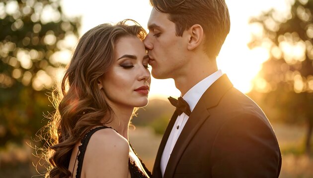 Couple embracing in warm, golden light, man kissing woman's forehead, romantic, soft focus background