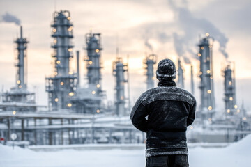 A person in winter attire stands before an industrial scene with towering structures and smoke, highlighting the contrast between nature and industry.