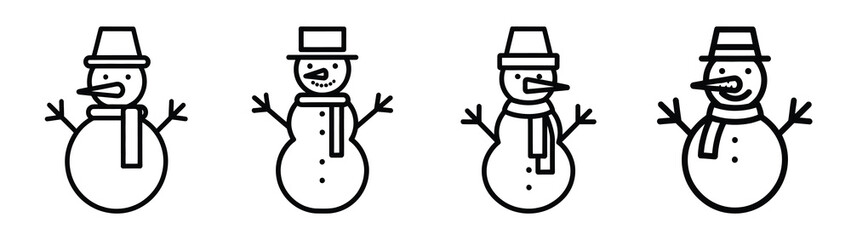 snowman line art icon set. Christmas outline Vector illustration icons.