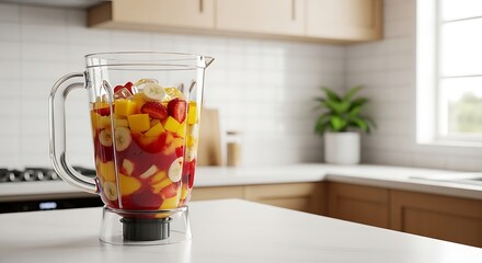 A blender filled with fresh fruit sits on a kitchen counter, ready to be blended into a healthy and refreshing smoothie or juice drink