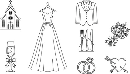 Wedding icon set, black and white illustration, bridal dress, groom suit, rings, bouquet, church, celebration symbols, romantic elements