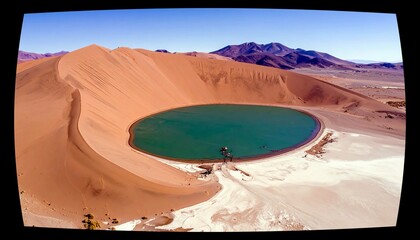 A striking aerial view captures a vibrant turquoise lake surrounded by immense, sculpted sand dunes, with rugged mountains in the background.