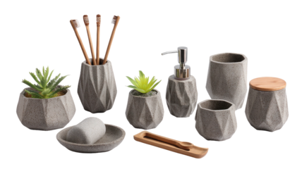Geometric, gray bath set w/ plants and wooden accents on black background