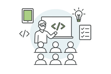 Professional instructor teaching programming concepts to an audience during a software development workshop or training session