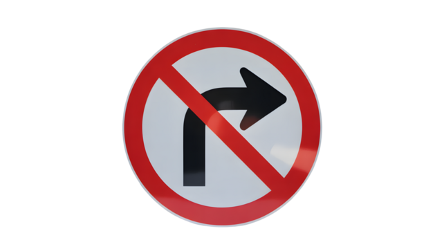 Clear prohibition symbol indicating no right turn, essential for traffic safety and regulatory compliance in transportation contexts.