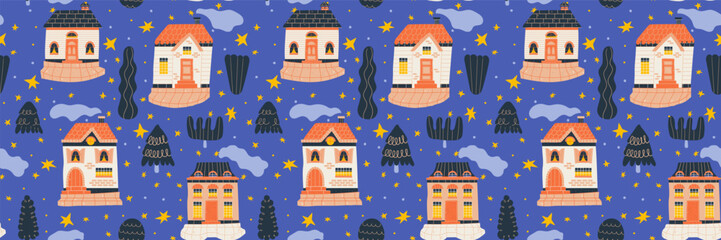 Scandinavian night simples pattern neighborhood with modern tiny houses in stars.