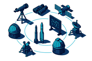 Astronomy and space exploration equipment including rockets, satellites, and observatories © Andrei