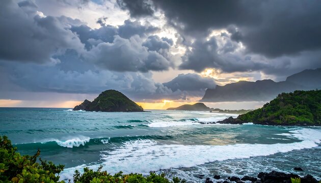 Dramatic coastal scene with ocean waves, distant mountains, and a cloudy sky with glimpses of sunlight