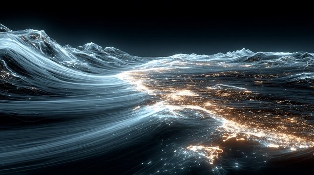 Surreal landscape of luminous waves flowing through a dark terrain in futuristic style - Powered by Adobe