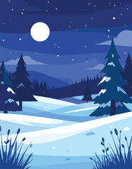 Fototapeta premium Winter Night Mountain Landscape Vector 