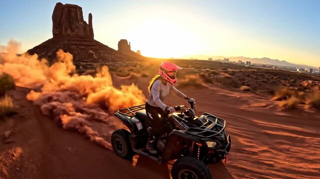 Woman riding a quad bike through the red sand monument valley desert, kicking up dust at sunset, symbolizing adventure, freedom, and extreme recreation in a rugged american landscape