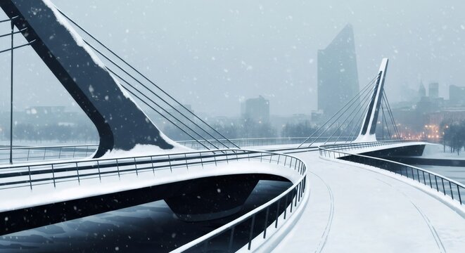 Modern cable-stayed bridge covered in snow during a winter snowfall in an urban area. Cold weather and bad street conditions, frost concept.