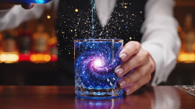 Bartender carefully pouring vibrant blue liquid into a glass, creating a sparkling galaxy cocktail with swirling stars and cosmic dust for a magical drink experience