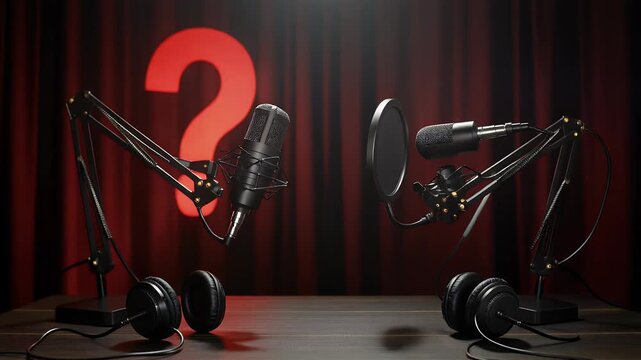 Podcast studio setup with microphones and a red question mark background.