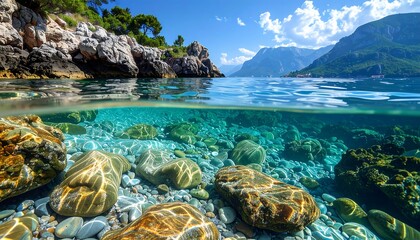 Clear waters reveal smooth rocks under a split view of coast, mountains, and sky above the waterline