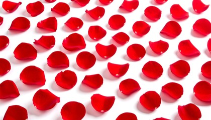 Dense scatter of crimson rose petals on bright white surface, creating abstract geometric patterns