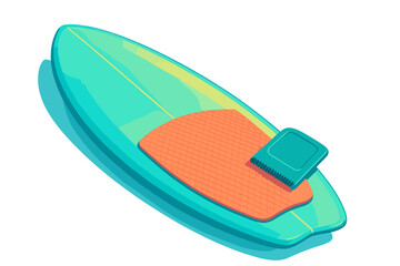 Teal surfboard with orange traction pad and surf wax block for ocean surfing