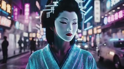 Geisha with a traditional hairstyle and digital kimono dissolving into a neon pixelated pattern, standing on a future japan street with holographic advertisements and cars in the background - Powered by Adobe