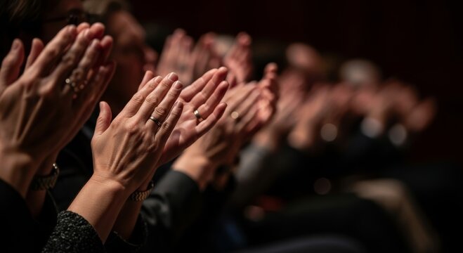 Audience applauding at event with caucasian and hispanic adults