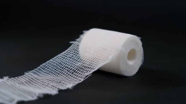 Roll of white medical gauze on a black background.