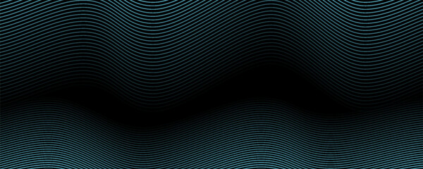 Fototapeta premium Abstract blue wavy lines of the sound wave. Dynamic gradient pulsating wave. Musical neon concept, symbols of the frequency of digital music. Vector illustration on a black background