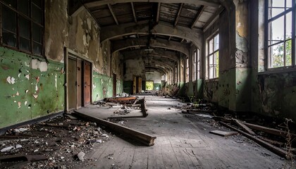 Derelict corridor, cracked paint, and debris littering the wooden floor, evoking decay and urban exploration