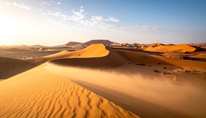 Desert dunes shimmer in warm light, with windswept sand blurring the edge of a dune in the foreground