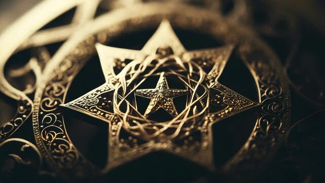 Detailed embossed golden star design with intricate patterns set against a textured leather backdrop