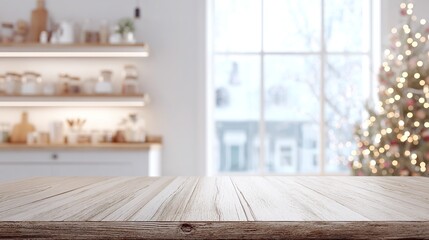 An empty wooden table in a white kitchen with a blurred christmas tree and lights in the background for a christmas promotion or food presentation product display mockup
