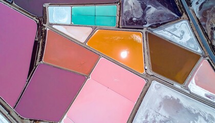 An abstract aerial view of salt evaporation ponds showcasing a vibrant palette of colors and geometric patterns.