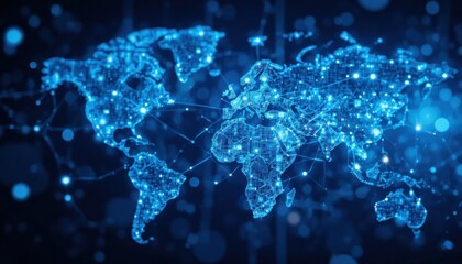 Abstract lines and nodes connecting global markets in a blue tech theme.