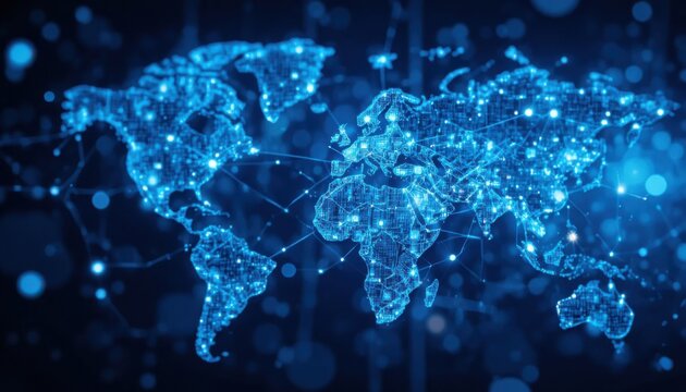 Abstract lines and nodes connecting global markets in a blue tech theme. - Powered by Adobe