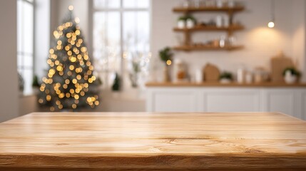 An empty wooden table in a white kitchen with a blurred christmas tree and lights in the background for a christmas promotion or food presentation product display mockup