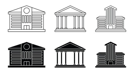 Fototapeta premium Bank Building Icon Set Financial Institution, Court, and Government Architecture Symbols Vector Illustration