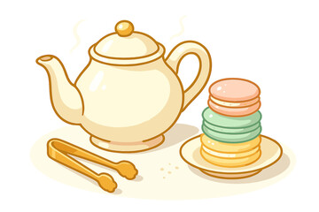 Elegant cream colored teapot steaming next to a stack of pastel colored macarons and golden tongs