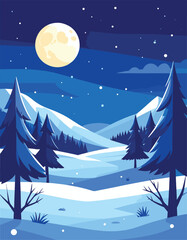 Winter Night Mountain Landscape Vector 