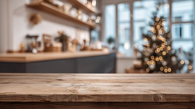 An empty wooden table in a white kitchen with a blurred christmas tree and lights in the background for a christmas promotion or food presentation product display mockup