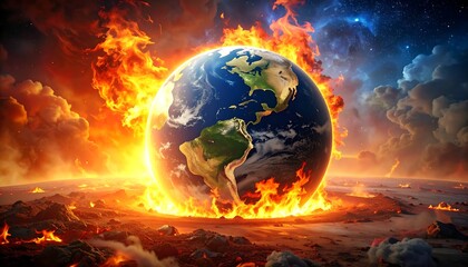 Earth ablaze with cosmic fire, continents visible against a dramatic background of stars and fiery terrain