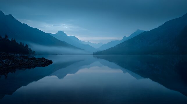 A serene blue landscape featuring a calm lake reflecting distant mountains under a foggy sky scene