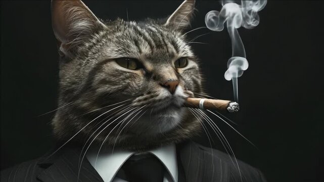 A humorous and anthropomorphic of a cat dressed as a man smoking a cigar. The cat's face is superimposed onto the body of a person wearing formal attire.