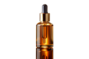 Amber glass dropper bottle filled with golden serum, reflecting light against a stark white background, symbolizing luxury and skincare