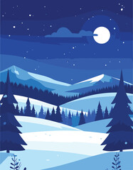 Fototapeta premium Winter Night Mountain Landscape Vector 