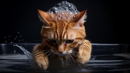 Orange Tabby Cat Enjoying a Refreshing Bath Time Experience.