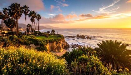 Coastal view with palms, cliffs, flowers, and a serene ocean at sunset under a colorful, cloudy sky