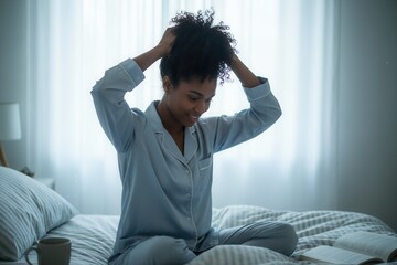 A young Black woman in pajamas sits on her bed tying up her curly hair. Morning routine and self-care at home. Relaxing start to the day