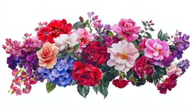Watercolor floral arrangement featuring roses and hydrangeas on a white background