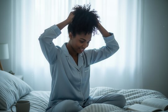 A young Black woman in pajamas sits on her bed tying up her curly hair. Morning routine and self-care at home. Relaxing start to the day