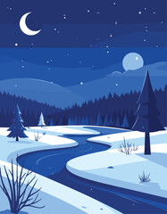 Naklejka premium Winter Night Mountain Landscape Vector 